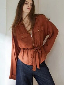 Aveloria Modichic Áo sơ mi nữ dài tay cổ điển đa năng, cổ chữ V, cổ bẻ màu cam-nâu, khóa kéo phía trước, thiết kế eo thắt chặt - màu nâu - Xem 3