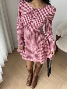 SHEIN EZwear 格纹系带腰部中长连衣裙 - 紅色 - 查看 4