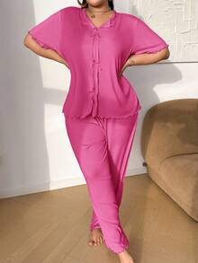 SHEIN Solid Color Bow Decor Knitted Ribbed Long Sleeve & Pants Plus Size Pajama Set Hot Pink Pajama Set Ruffle Pajama Set