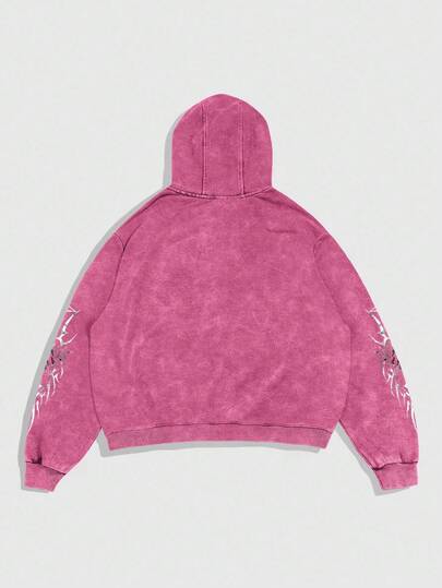 Street Life Sudadera casual lavada con estampado de copos de nieve para hombre, sudadera con capucha rosa, otoño