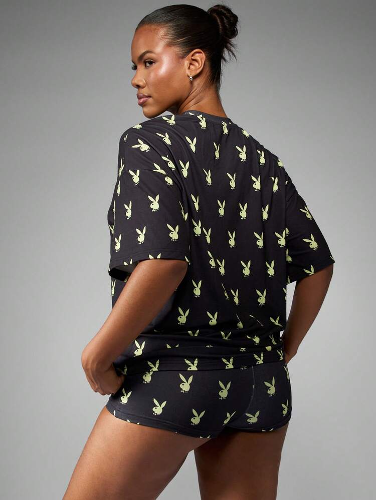 Missguided x Playboy オーバーサイズ ウサギプリント Tシャツ 半袖 クルーネック カジュアル サマートップ