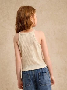 女童夏季编织饰边露背短款上衣，适合度假/海滩、假日、夏季、旅行 - 杏色 - 查看 2