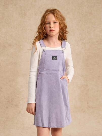 Vestido Con Tirantes De Pana Con Parche De Letra Para Niñas Preadolescentes, Invierno
