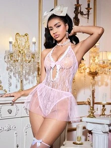 Conjunto de lencería sexy con patchwork de encaje para mujeres - Rosa Pálido - Ver 6