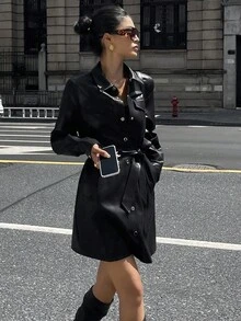 DAZY Women's PU Shirt Style Mid-Length Dress, Spring/Autumn - Black - View 1