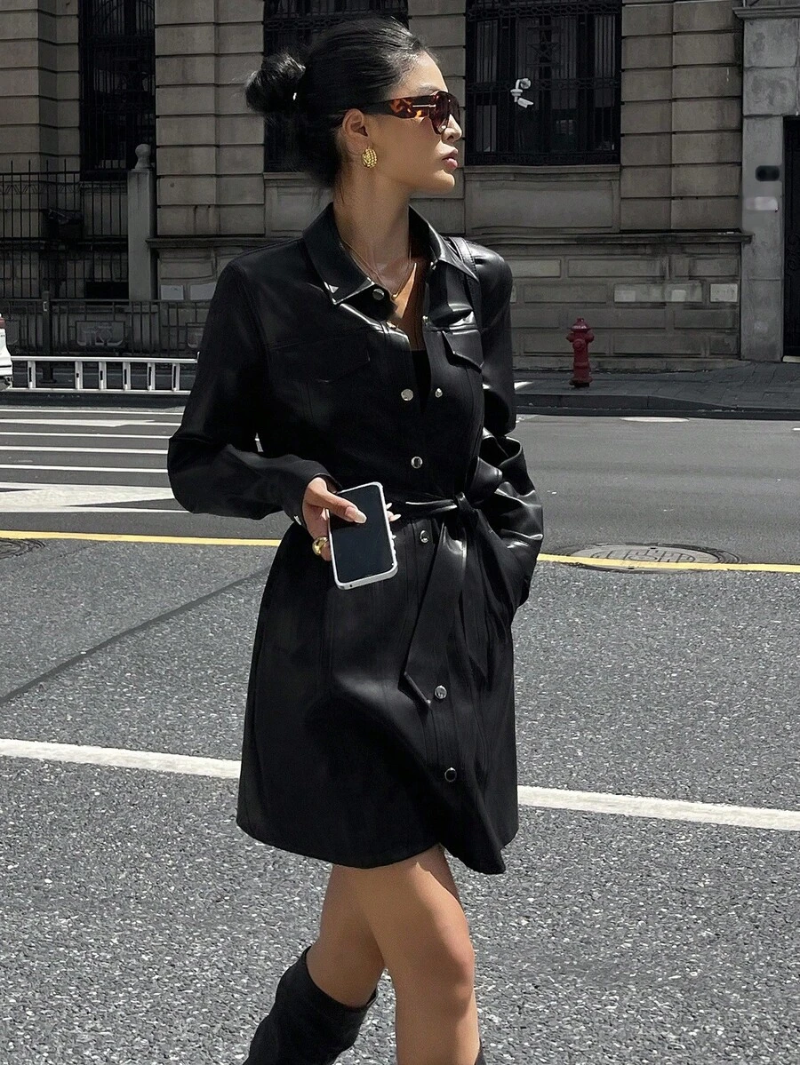 DAZY Women's PU Shirt Style Mid-Length Dress, Spring/Autumn - Black - View 1