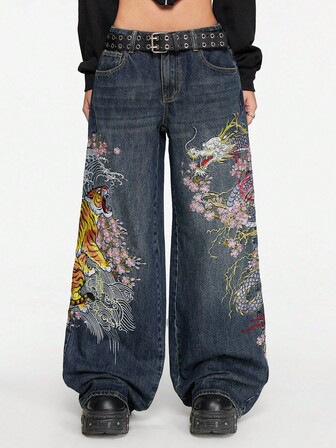 Grunge Punk Jeans a vita bassa, ampi e morbidi, con ricamo cinese di tigre e fiori, stile retrò da strada, unisex