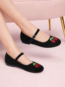 CUCCOO DOLLMOD 女式黑色绒面樱桃刺绣时尚平底鞋 - 黑色 - 查看 3