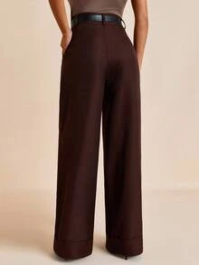 EURMUSE Pantalón de pierna ancha con pliegues, ajuste a medida, moda de verano, ropa de oficina, bolsillos laterales, estilo casual elegante, pliegues delanteros, aspecto nítido, atuendo profesional, diseño elegante, material estructurado, corte clásico, estilo minimalista, moda urbana, aspecto sofisticado, casual de negocios, esencial de temporada, estética moderna - Marrón - Ver 2