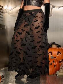 SHEIN EZwear 加大码蝙蝠图案透视性感植绒裙 - 黑色 - 查看 5