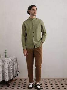 Manfinity CityGents Camicia casual monopetto a tinta unita con tasche e maniche lunghe, stile "Old Money", adatta per l'autunno