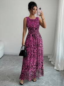 Rafferiza 女式优雅豹纹网眼圆领褶饰腰部抽绳 A 字形无袖长裙 - 玫紅色 - 查看 6