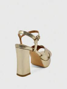 CUCCOO SZL 女士银色圆头粗跟中跟优雅休闲简约舒适一脚蹬高跟鞋，适合工作、通勤、正式场合、派对、婚礼 - 金色 - 查看 4