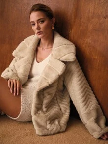 MOTF PREMIUM 纯色翻领人造皮草大衣 - 香檳色 - 查看 2