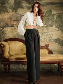 Anewsta Pantalon de costume ample et droit en satin pour femme, coupe patchwork, à la mode et polyvalente, avec poches et ceinture, collection automne/hiver