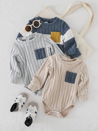 Playful Pals 3pcs Baby Boys' Colorblock Fleece Romper, Patchwork Crew Neck Long Sleeve Pocket Thermal Ribbed Bodysuit, Casual Outfit For Outdoor, Autumn/Winter Fall