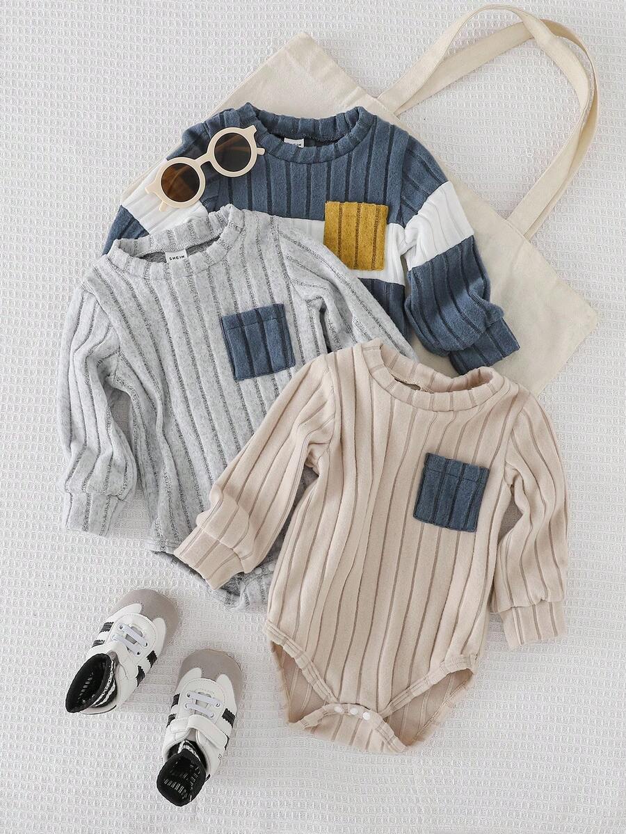 Playful Pals 3件套男婴撞色抓绒连体衣，拼接圆领长袖带口袋保暖罗纹连体衣，休闲户外服，秋冬季