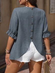 Linhara Plus Size Women Tie Sleeve Decorative Button Design Shirt - Dusty Blue - View 6