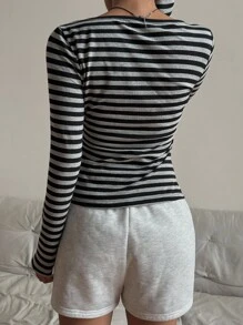 SHEIN 少女黑灰色条纹半拉链休闲简约针织长袖 T 恤 - 黑色 - 查看 2