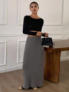 Livesso 女士休闲纯色加长针织裙，秋冬