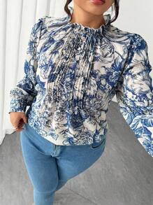 Elenzga 女士加大码纯色领休闲衬衫，时尚日常穿着 - 藍色 - 查看 2