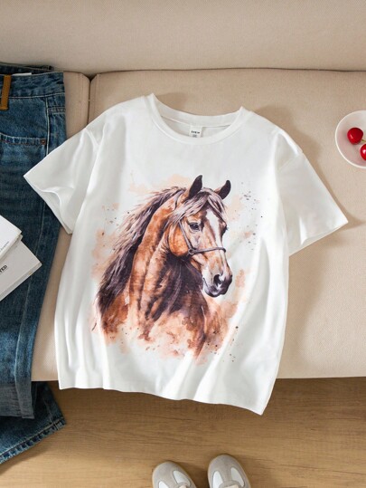Tween Girl 3D Watercolor Horse Print Round Neck Short Sleeve White T-Shirt