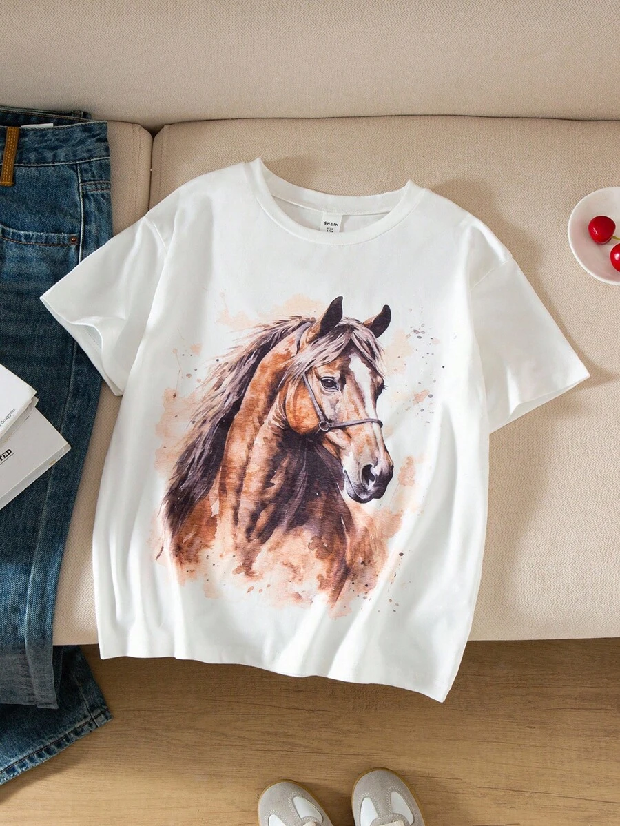 Tween Girl 3D Watercolor Horse Print Round Neck Short Sleeve White T-Shirt - White - View 1