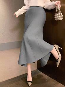 DAZY 女士优雅纯色美人鱼下摆毛衣半身裙，秋冬女装半身裙 - 灰色 - 查看 4