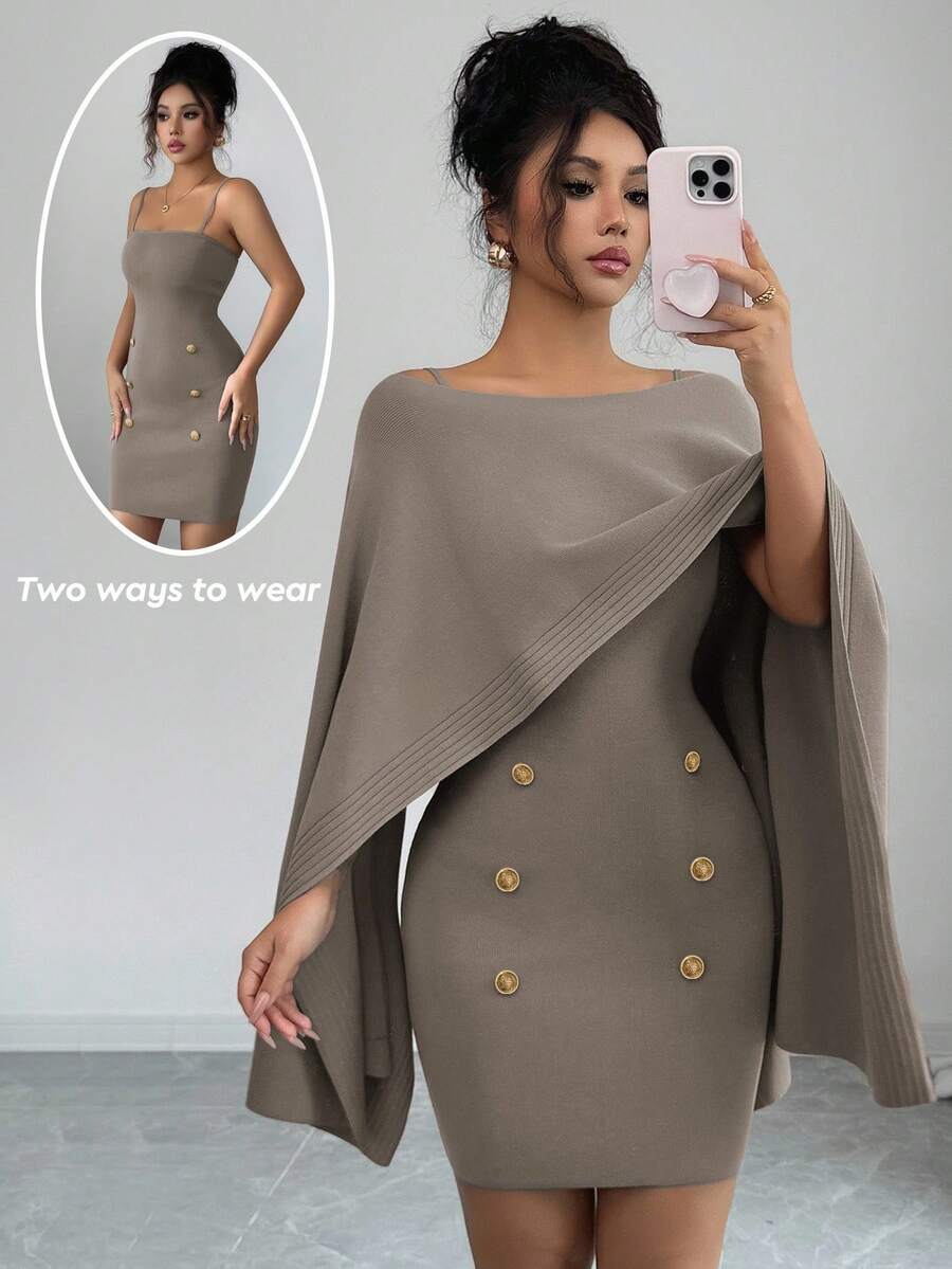 Elenzga 2 Pieces Vintage Asymmetrical Knit Poncho Cape Slip Dress Women's Suit, High-End Atmosphere Sweater Set, Autumn/Winter 2025 New Arrival Fall Cloth For Women - Multicolor - View 1