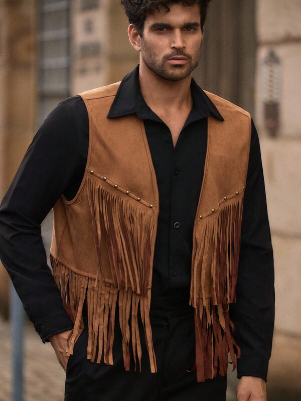 HIMLAND Męska kurtka zamszowa z ozdobnymi nitami i frędzlami. Brązowa kamizelka w stylu boho w stylu western dla mężczyzn, jesień/zima