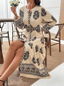 EMERY ROSE Đầm Maxi Tay Dài Cổ Chữ V Dáng Ôm, Thanh Lịch, Rộng Rãi, Họa Tiết Hoa Cho Nữ - Màu Khaki - Xem 3