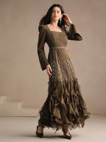 Anewsta Váy dạ hội đuôi cá dài đính hạt thanh lịch, váy dạ hội cao cấp cho mùa thu, đông, năm mới, tiệc tùng, đám cưới - màu nâu - Xem 4