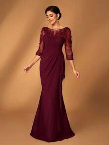 Serin Váy dài tay voan voan xám hồng thanh lịch dành cho nữ, cổ tròn, tay dài, xếp nếp, đính sequin, viền đuôi cá siêu nhỏ, thích hợp cho đám cưới của mẹ cô dâu, sự kiện trang trọng, lễ hội âm nhạc, tiệc tùng - Màu Đỏ Sâu - Xem 3