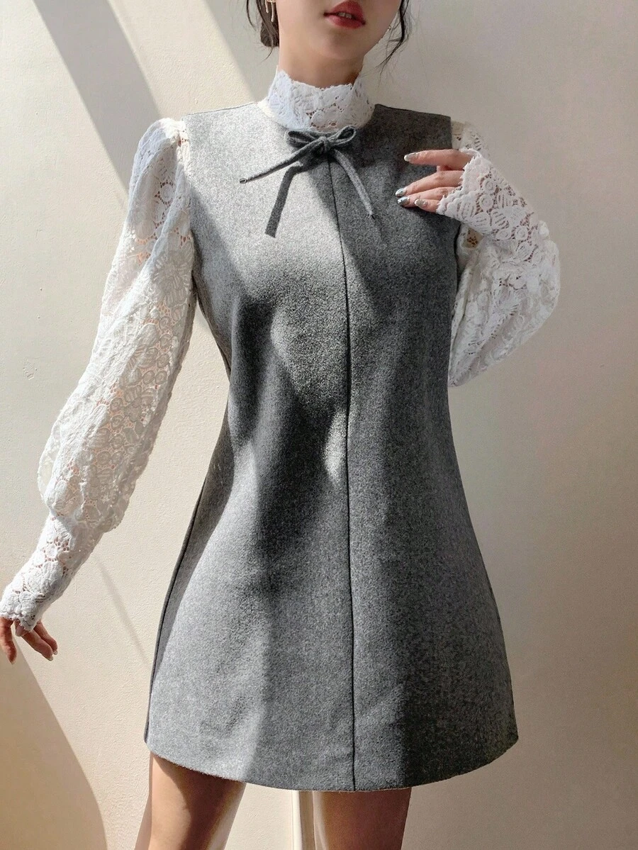 DAZY 女士宽松休闲甜美蝴蝶结装饰无袖连衣裙，秋冬季短款连衣裙 - 灰色 - 查看 1