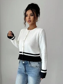 SHEIN Clasi Elegant Romantic Striped Round Neck Cardigan With Metal Button Decor, Black & White Knit Sweater For Women, Autumn - Black and White - View 2