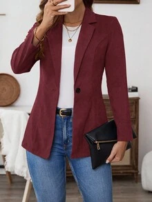 SHEIN LUNE 秋冬女士纯色单扣优雅办公室长袖西装外套 - 酒紅色 - 查看 5