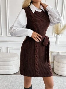 SHEIN LUNE New Minimalist Style Cable Knit Round Neck Vest, Versatile Solid Color Elegant Knit Top/Dress For Women, European And American Fashion - Coffee Brown - View 3