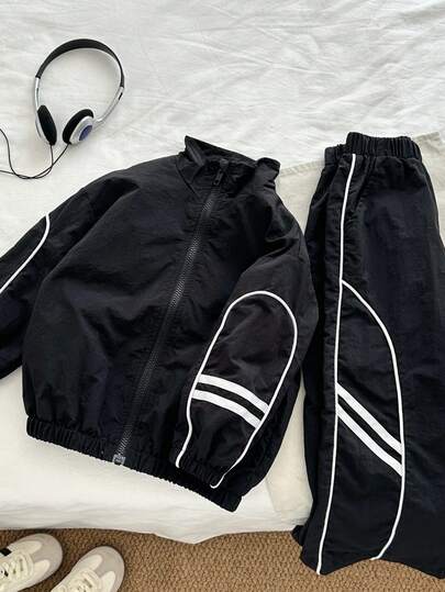 Genkimix Kids SHEIN Genkimix Young Boy Ribbon Decor Casual Solid Jacket + Ribbon Decor Casual Solid Straight Pants Chic Outfits For Autumn/Winter