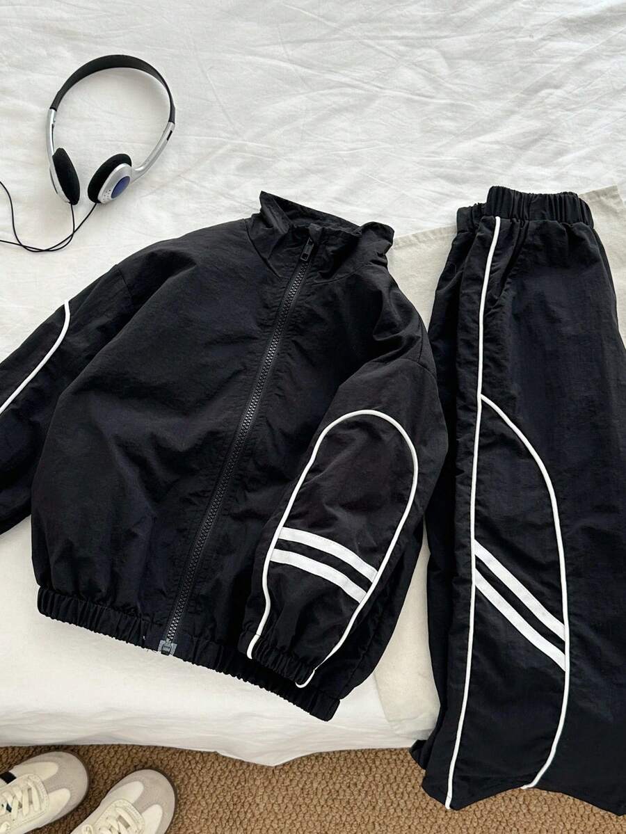 Genkimix Kids Áo khoác trơn thường ngày họa tiết ruy băng cho bé trai + Quần ống đứng trơn thường ngày họa tiết ruy băng - màu đen - Xem 1