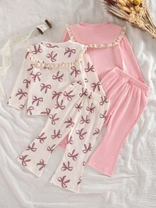 SHEIN 4 件套女婴秋季新款服装，包括蝴蝶结领荷叶边装饰长袖 T 恤和蝴蝶印花喇叭裤，纯粉色，休闲时尚，适合居家、外出、通勤 - 彩色 - 查看 2