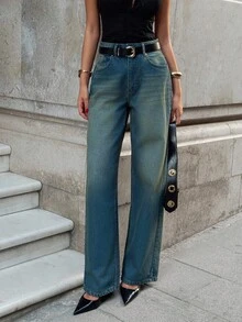 EURMUSE Calça jeans vintage lavada, cintura alta, perna reta, estilo viajante - Lavagem Média - Ver 3
