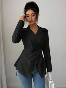 Elenzga 女式纯色长袖褶皱不对称下摆优雅办公室衬衫 - 黑色 - 查看 1
