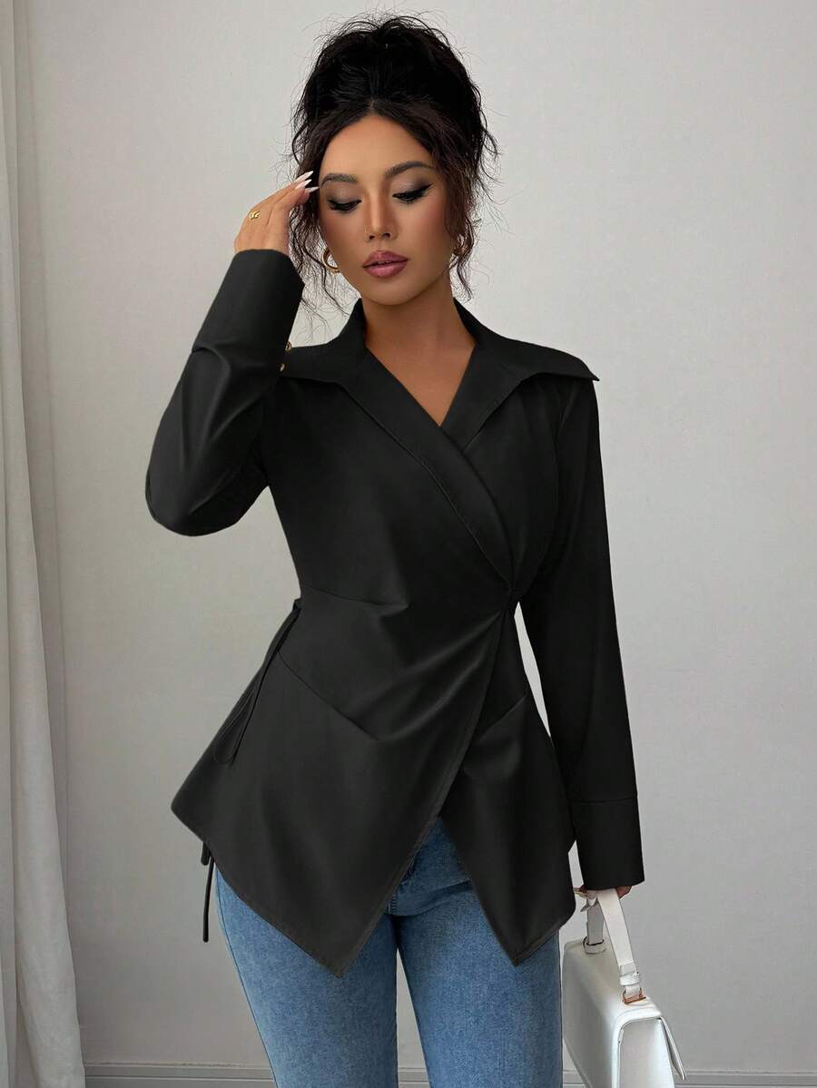 Elenzga 女式纯色长袖褶皱不对称下摆优雅办公室衬衫 - 黑色 - 查看 1