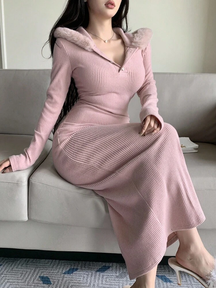 Autumn/Winter Textured Striped Fleece Fur Collar Patchwork Hooded Sweatshirt Dress, Sexy High Slit Fitted Midi Dress, Pink