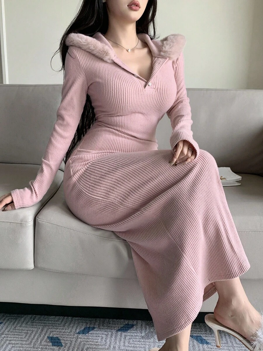 DAZY 秋冬纹理条纹羊毛毛领拼布连帽卫衣裙，性感高开叉修身中长连衣裙，粉色 - 粉色 - 查看 1