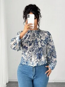 Elenzga 女士加大码纯色领休闲衬衫，时尚日常穿着 - 藍色 - 查看 6