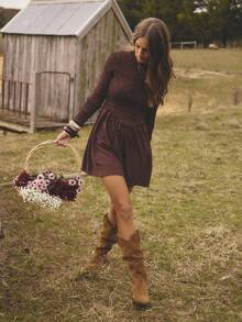 Aralina Fall Winter Elegant Chic Crew Neck Shirred Body And Sleeve Textured Fabric Detail Long Sleeve Cute Going Out Babydoll Mini Dress Vacation Dress Thanksgiving Festival Outfits - Coffee - View 7