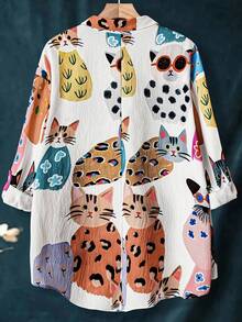 EMERY ROSE Damen Große Größen Lässiges Lose Tier Muster Kragen Tasche Hemd