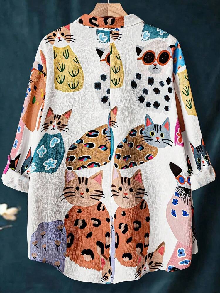 EMERY ROSE 大码女式休闲宽松动物印花翻领口袋衬衫 - 彩色 - 查看 2