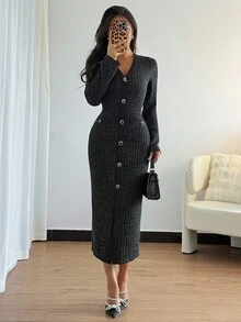 Rafferiza Vestido negro elegante de oficina con botones frontales para mujer - Negro - Ver 4